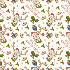 Christmas color seamless contour illustration in the style of childrens doodle Christmas deer