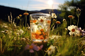 Meadow Retreat: Highlight a refreshing drink with wildflowers in a village meadow.
