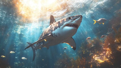 Great White Shark in Sunlit Ocean