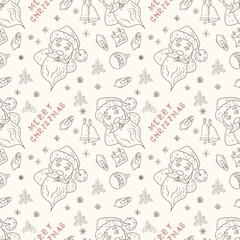 Christmas seamless contour illustration in the style of childrens doodle Santa Claus Face