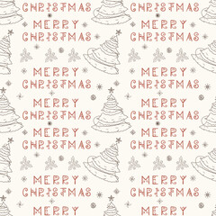 Christmas seamless contour illustration in the style of childrens doodles Festive fir tree and greeting inscription