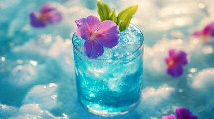 Blue Cocktail with Pink Flower Garnishes on Ice