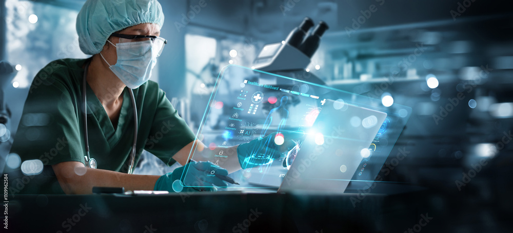 Aufkleber senior female doctor medical examining and researcher uses ai algorithms analysis data developing me