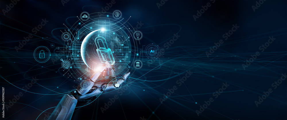 Poster Cyber security and data protection. Ai, Hand of robot holding padlock protecting business and financial data on complex network. Era transition, Innovative and Deep learning of Artificial intelligence