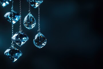Blue crystal pendants hang on chains. Perfect for luxury, elegance, and jewelry themes.