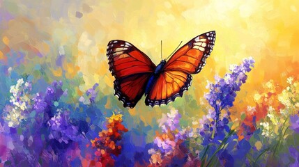 Fototapeta premium A Monarch Butterfly Soaring Above a Field of Flowers