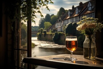 Riverside Romance: Photograph a romantic drink with a view of a river running through a charming village.