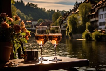Riverside Romance: Photograph a romantic drink with a view of a river running through a charming village.