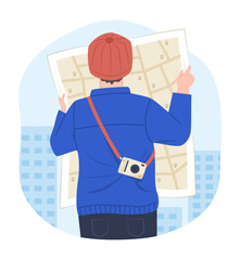 Back View of Traveler Man Looking at Map for Finding the Travel Destination Location for Travel Concept Illustration