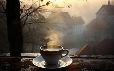 Foggy Morning Coffee: Capture the steam rising from a cup of coffee in a misty village morning.