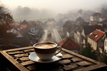 Foggy Morning Coffee: Capture the steam rising from a cup of coffee in a misty village morning.