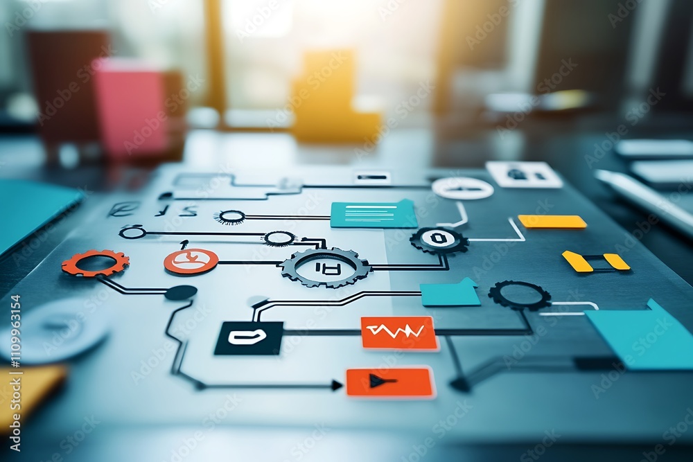 Poster digital interface design featuring interconnected icons and symbols for technology and data flow.