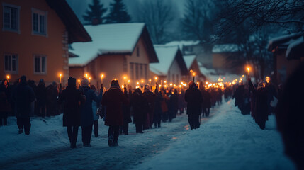 Epiphany procession on a winter night with a group of people carrying candles, singing and praying while crossing a village street, Ai generated images