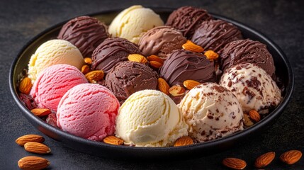Assortment of Ice Cream Scoops with Chocolate and Almonds