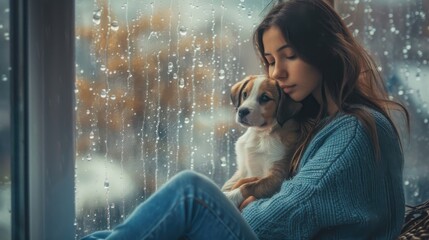 A girl and her dog sit together, silently watching the rain fall outside, sharing a serene and cozy moment. depression, mental health,
