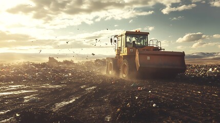 Fototapeta premium Bulldozer compressing garbage at landfill sunset.