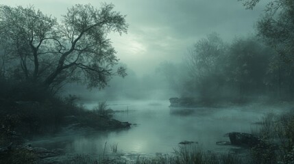 Misty River Through a Foggy Forest