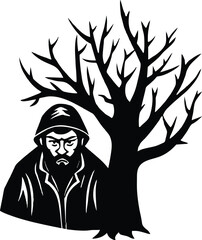 Mysterious Hooded Figure Under a Tree Vector, Dark and Eerie Design