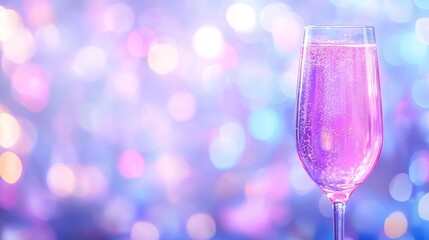 A glass of pink bubbly against a blurred city backdrop with bokeh. 