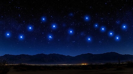 Fototapeta premium A beautiful night sky with stars shining brightly over a distant mountain range and city lights.