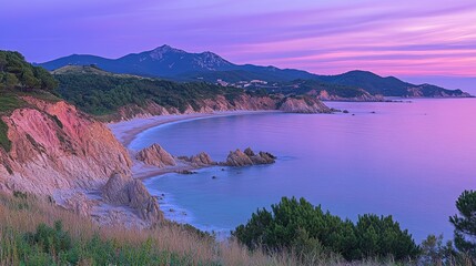 Naklejka premium A beautiful panoramic view of a secluded beach with colorful cliffs at sunrise.