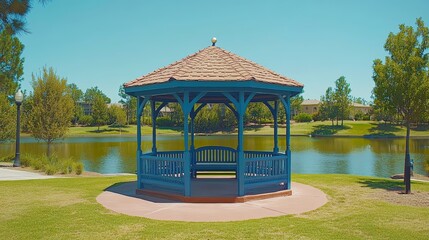 A blue gazebo sits by a pond in a park.