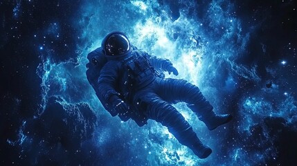 Astronaut Floating Through Cosmic Nebula In Space