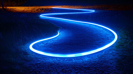 Long exposure photograph of blue neon light trails on a curved path against a dark background, evoking a sense of motion and speed. Illuminated. Illustration