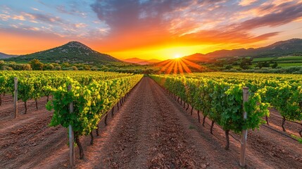 Naklejka premium A breathtaking sunset over a vineyard, with rows of grapevines leading towards the horizon and the sun casting long shadows.