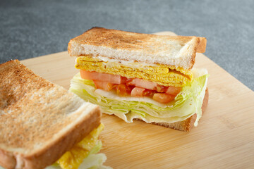 A view of a breakfast sandwich.