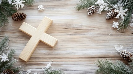 Festive arrangement featuring a wooden cross with white decorative elements on a natural wooden background
