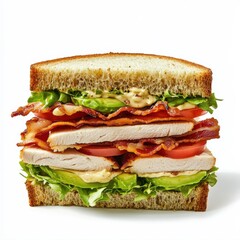 A gourmet turkey avocado club sandwich with bacon, lettuce, tomato