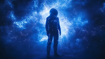 Astronaut Stands Before a Cosmic Nebula Background