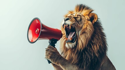 Roaring Lion Holds Red Megaphone Announcing News