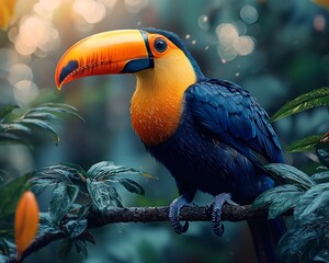Obraz premium Vibrant Toucan Portrait in Tropical Rainforest Habitat Symbolizing Colorful Diversity of Wildlife
