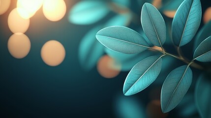 Fototapeta premium A close-up of teal leaves with bokeh lights in the background.