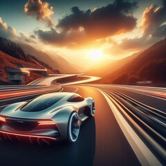 Obraz premium futuristic car drives at high speed along a serpentine road towards the sunset