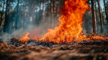 A close-up view of a forest fire with tall flames and smoke rising through the trees.