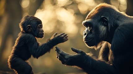 A tender moment between a baby gorilla and an adult gorilla in a natural setting.