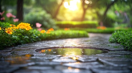 Fototapeta premium A cobblestone path leads through a lush garden with vibrant flowers and a small puddle reflecting the golden sunlight streaming through the trees.