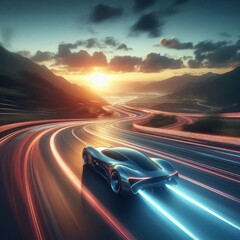Obraz premium futuristic car drives at high speed along a serpentine road towards the sunset
