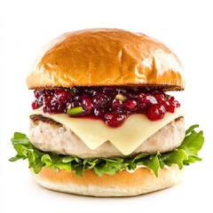 A gourmet turkey burger with cranberry relish and brie cheese, isolated white background, pop art...