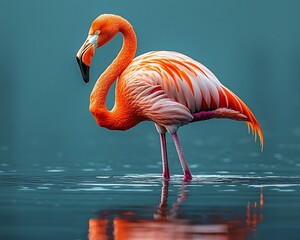 Fototapeta premium Vibrant Flamingo Standing Gracefully in Shallow Lagoon with Glowing Pink Feathers and Serene Blue Sky Backdrop