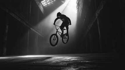 Obraz premium BMX Rider Silhouette Leaps In Abandoned Building