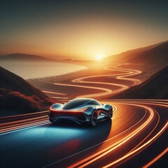 Obraz premium futuristic car drives at high speed along a serpentine road towards the sunset
