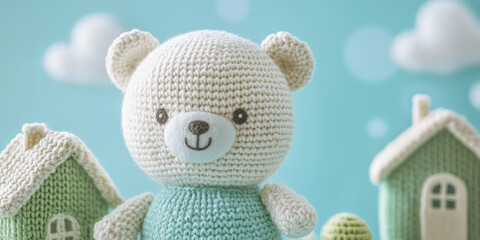 A close up of cute knitted toys, including an adorable white bear with big eyes and a smiling face wearing light blue, generative AI