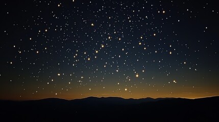 Fototapeta premium A dark night sky with a scattering of bright stars and a distant mountain range silhouetted on the horizon.