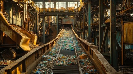 Obraz premium Rusty conveyor belt carries plastic waste in old factory. Shows industrial recycling process and environmental issues.