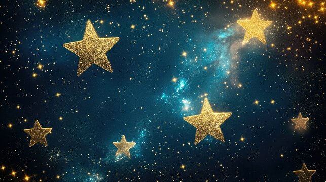Golden star zodiac symbols shining brightly against a cosmic backdrop of constellations in a star-filled night sky.