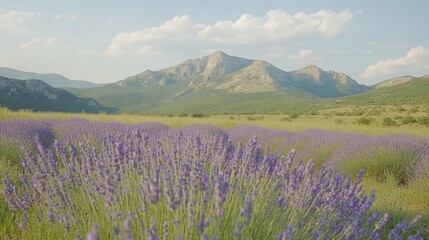 Obraz premium A field of lavender flowers in bloom with a mountain range in the background.